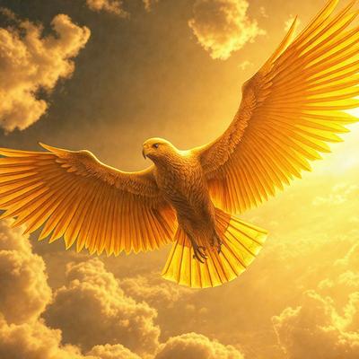The primary subject of the image is a large, colorful bird with a yellow body and white head. The bird is flying through a cloudy sky, with its wings spread wide. The setting is a cloudy sky, and the visual style appears to be a digital art or illustration. The dominant colors in the image are yellow and white, creating a warm and vibrant atmosphere.